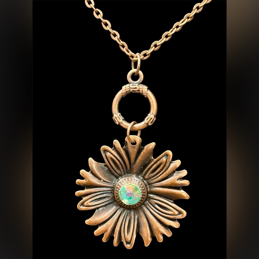 Bronze Floral  Necklace with sparkling green rhinestone center